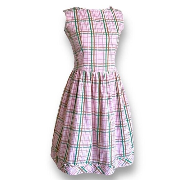 Vintage Dresses & Skirts - Vintage 1950s Womens Pink Plaid Dress Sz S Gassmann Switzerland Bow Detail Tween